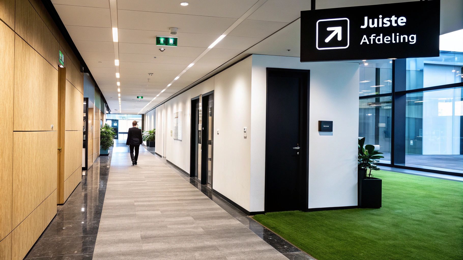 Een wegwijzer die naar verschillende afdelingen van een gemeente wijst, zoals Burgerzaken en Vergunningen.