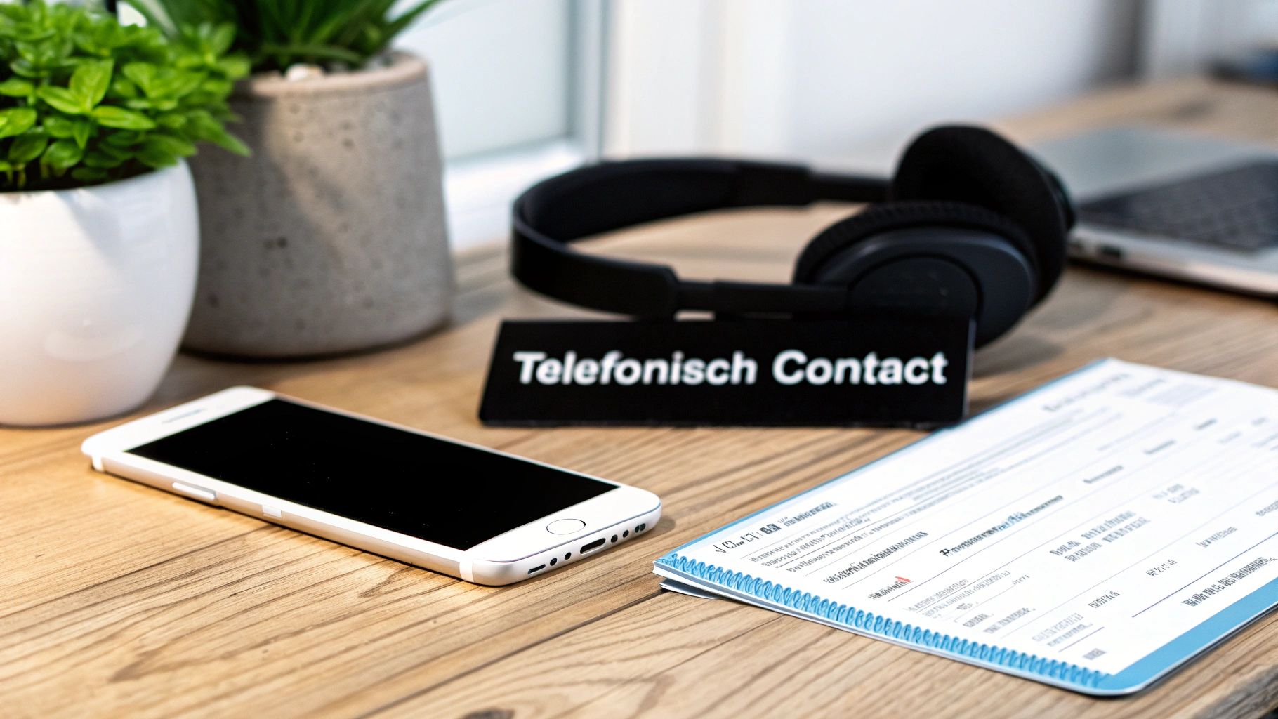 Een opgeruimde werkplek met een smartphone, koptelefoon, een bordje 'Telefonisch Contact' en papieren.