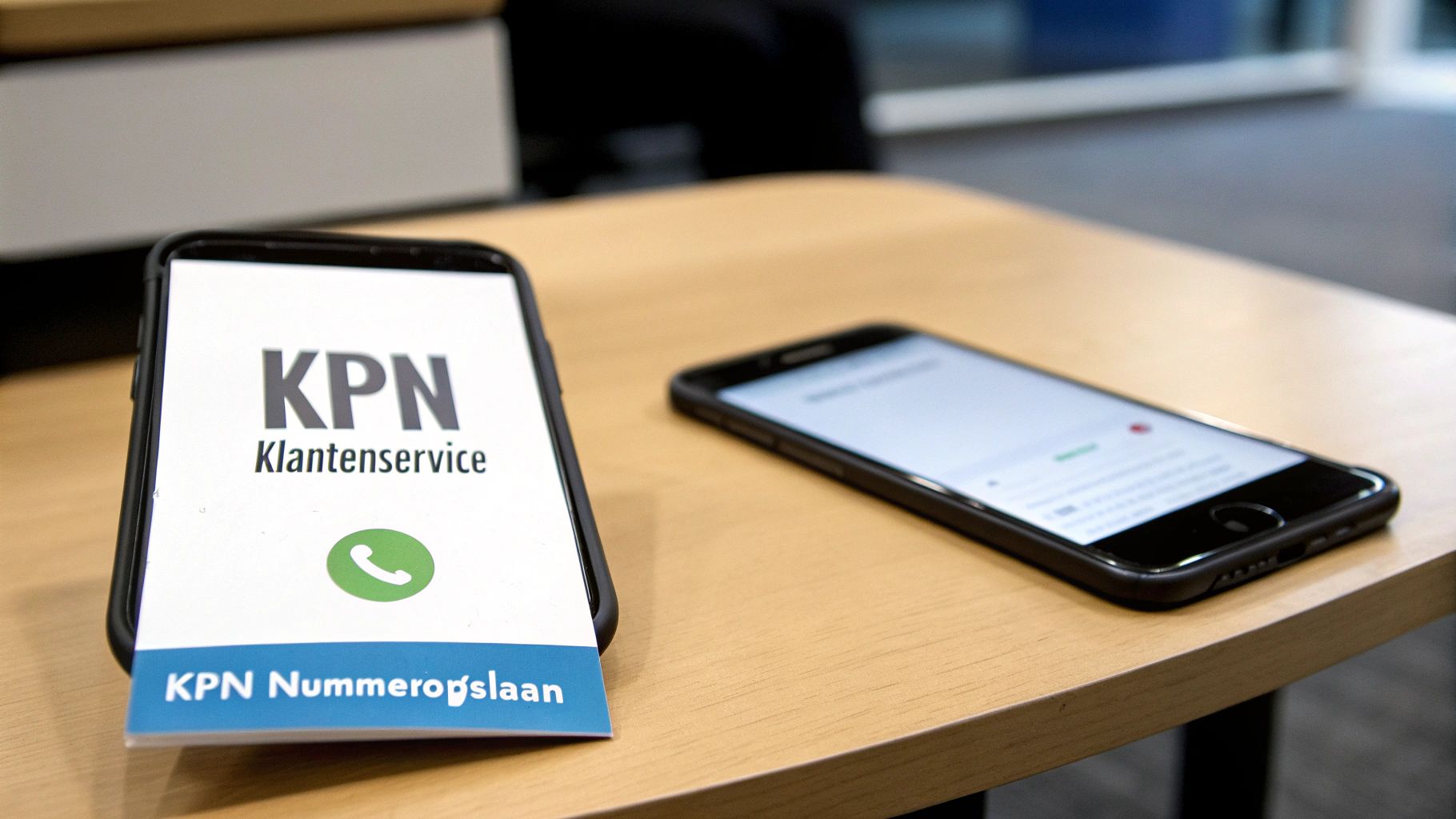 Een persoon die het KPN-nummer op hun smartphone opslaat, met de contactgegevens duidelijk zichtbaar.