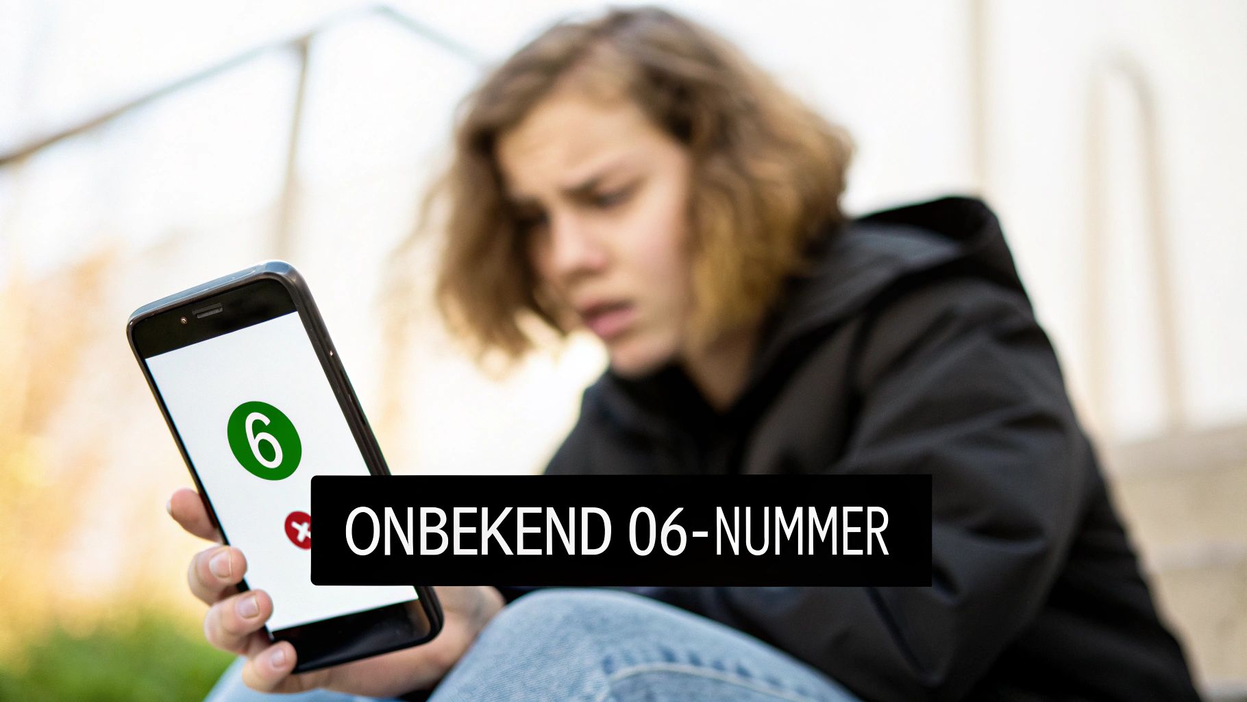 Jonge persoon kijkt verbaasd naar smartphone met onbekend 06-nummer op het scherm.