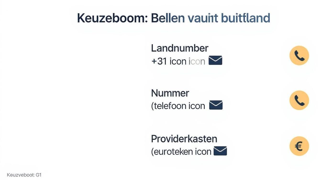 Keuzeboom voor Rabobank klantenservice met landnummer, telefoonnummer en providerkasten opties