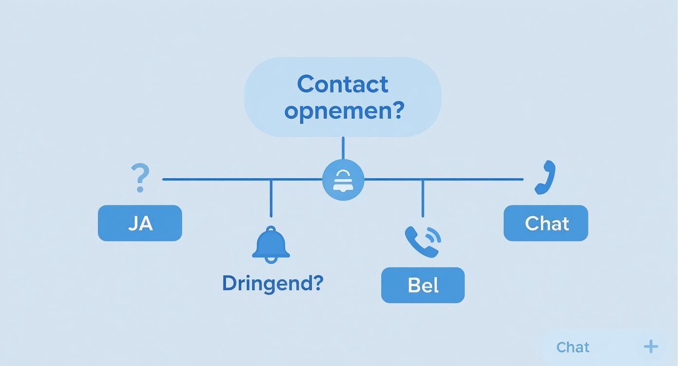 Flowchart voor contact opnemen, met opties zoals bellen, chatten en dringende vragen.