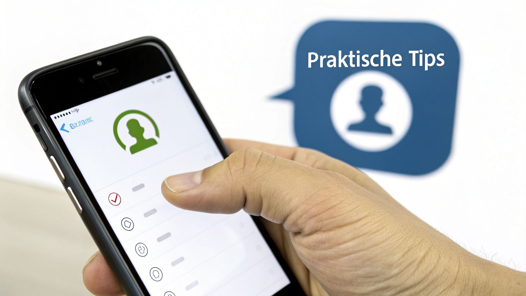 Een hand houdt een smartphone vast met een app-interface en 'Praktische Tips' op de achtergrond.