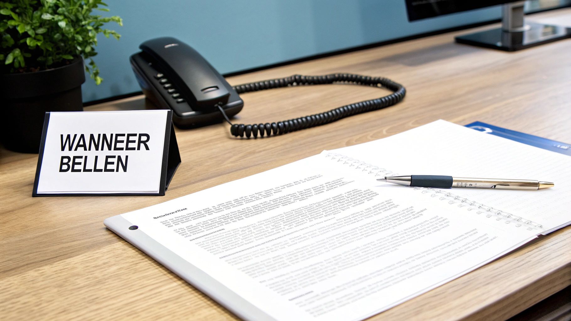 Bureau met telefoon, contractdocumenten en bordje 'Wanneer Bellen' voor klantenservice contact