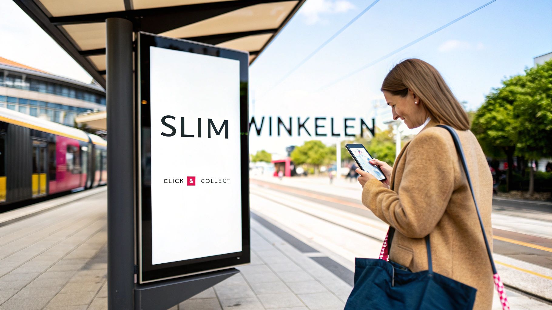 Vrouw kijkt op tablet bij tramhalte met digitaal billboard 'Slim Winkelen' en 'Click & Collect'.