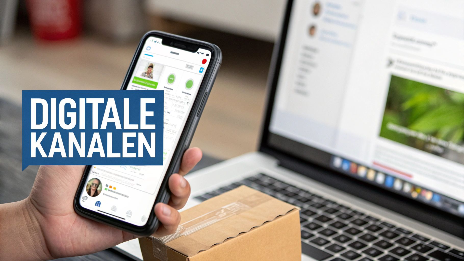 Persoon houdt smartphone vast die digitale kanalen toont naast een laptop.