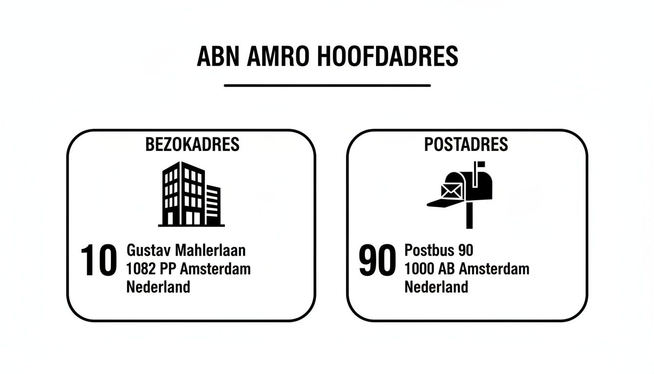Afbeelding toont de bezoek- en postadressen van het hoofdkantoor van ABN AMRO in Amsterdam.