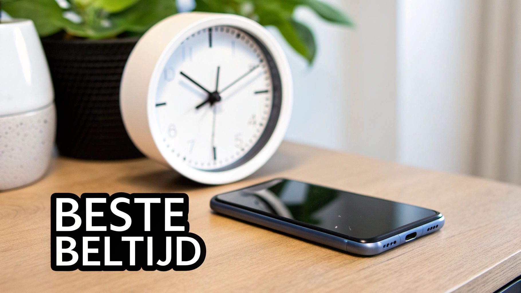 Een klok aan de muur van een kantoor, die het beste moment om te bellen aangeeft.