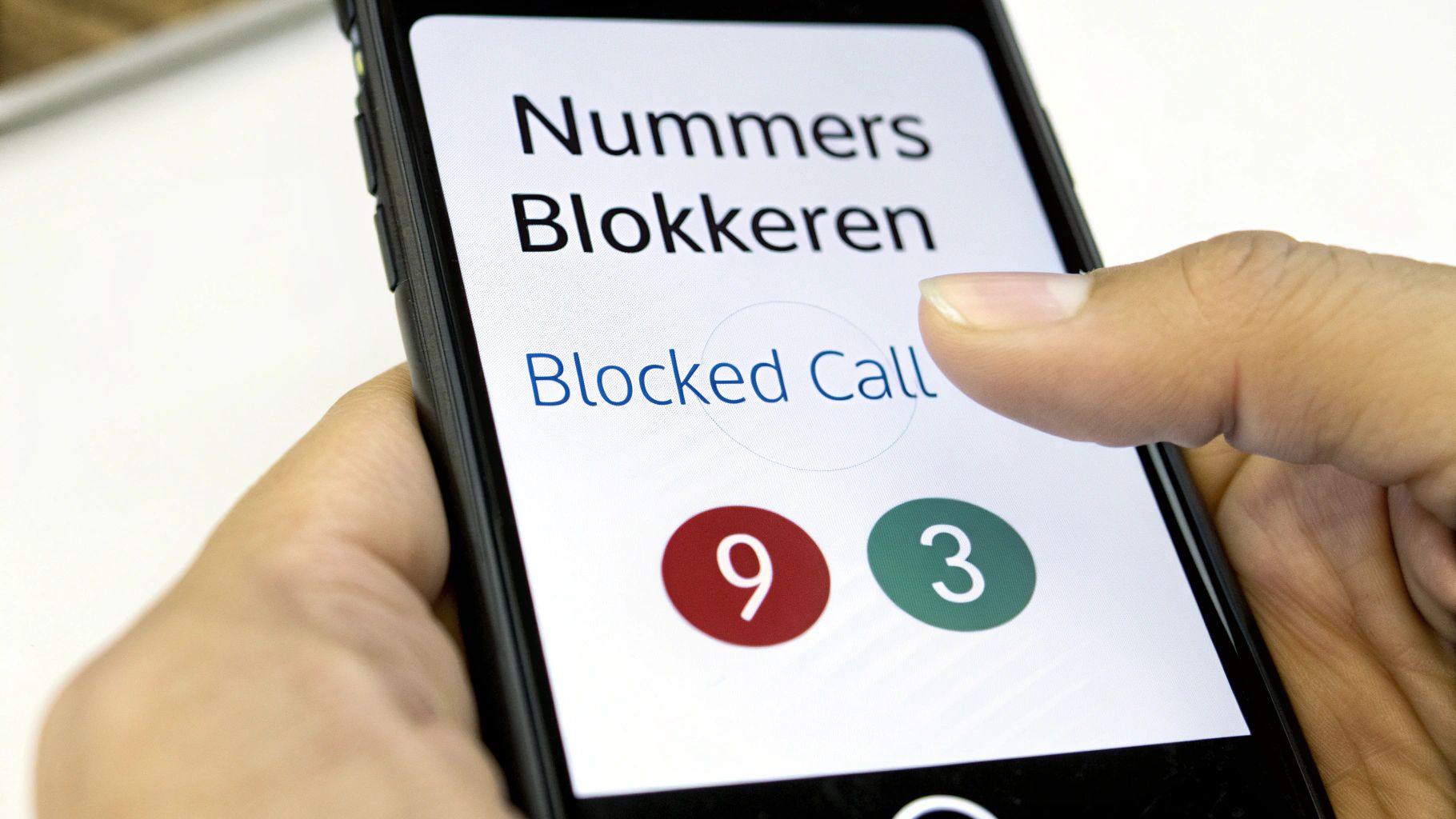 Een vinger tikt op een smartphone die 'Nummers Blokkeren' en 'Blocked Call' op het scherm toont.