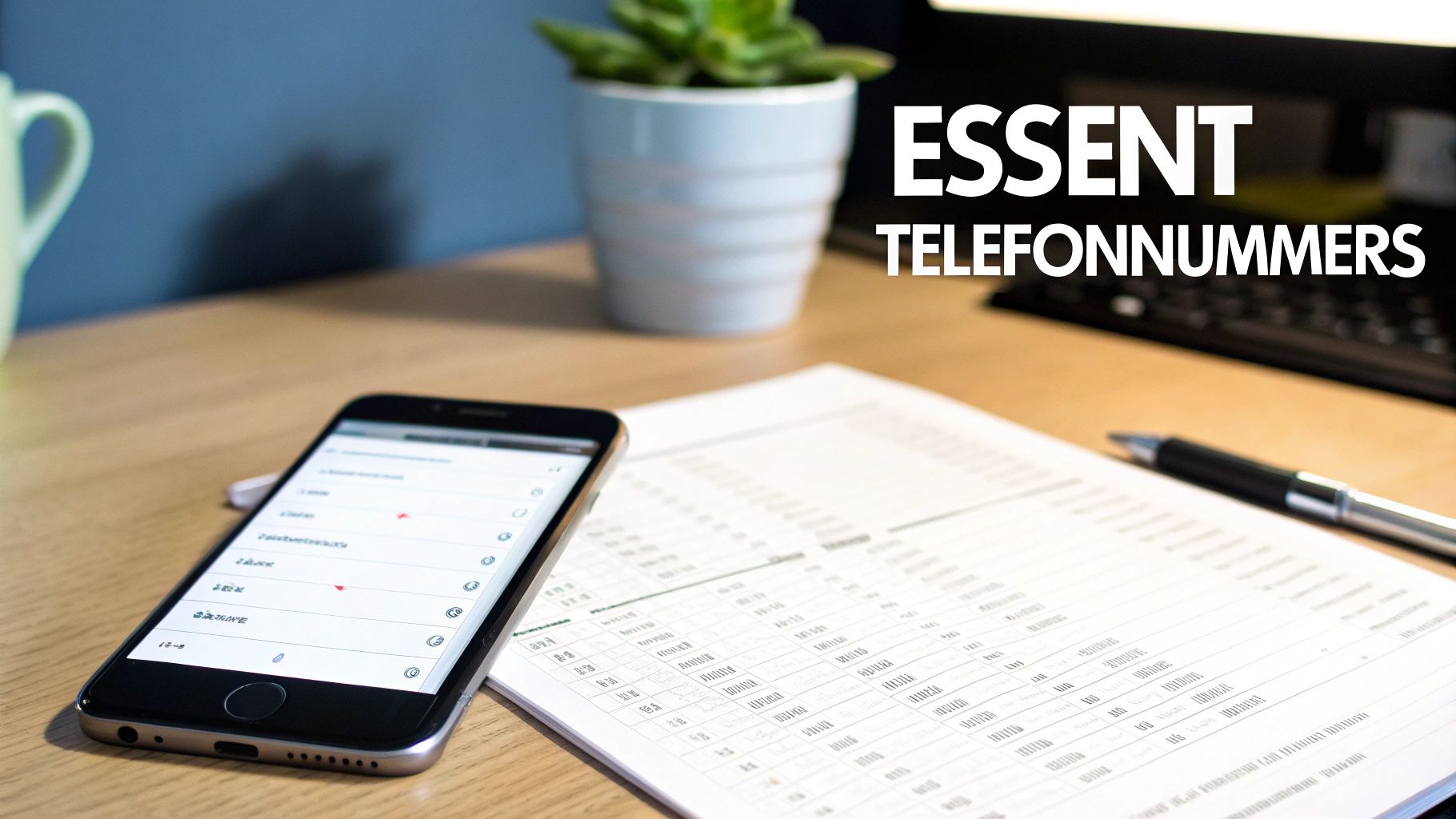 Een smartphone en documenten op een bureau, met de tekst 'ESSENT TELEFOONNUMMERS' prominent in beeld.