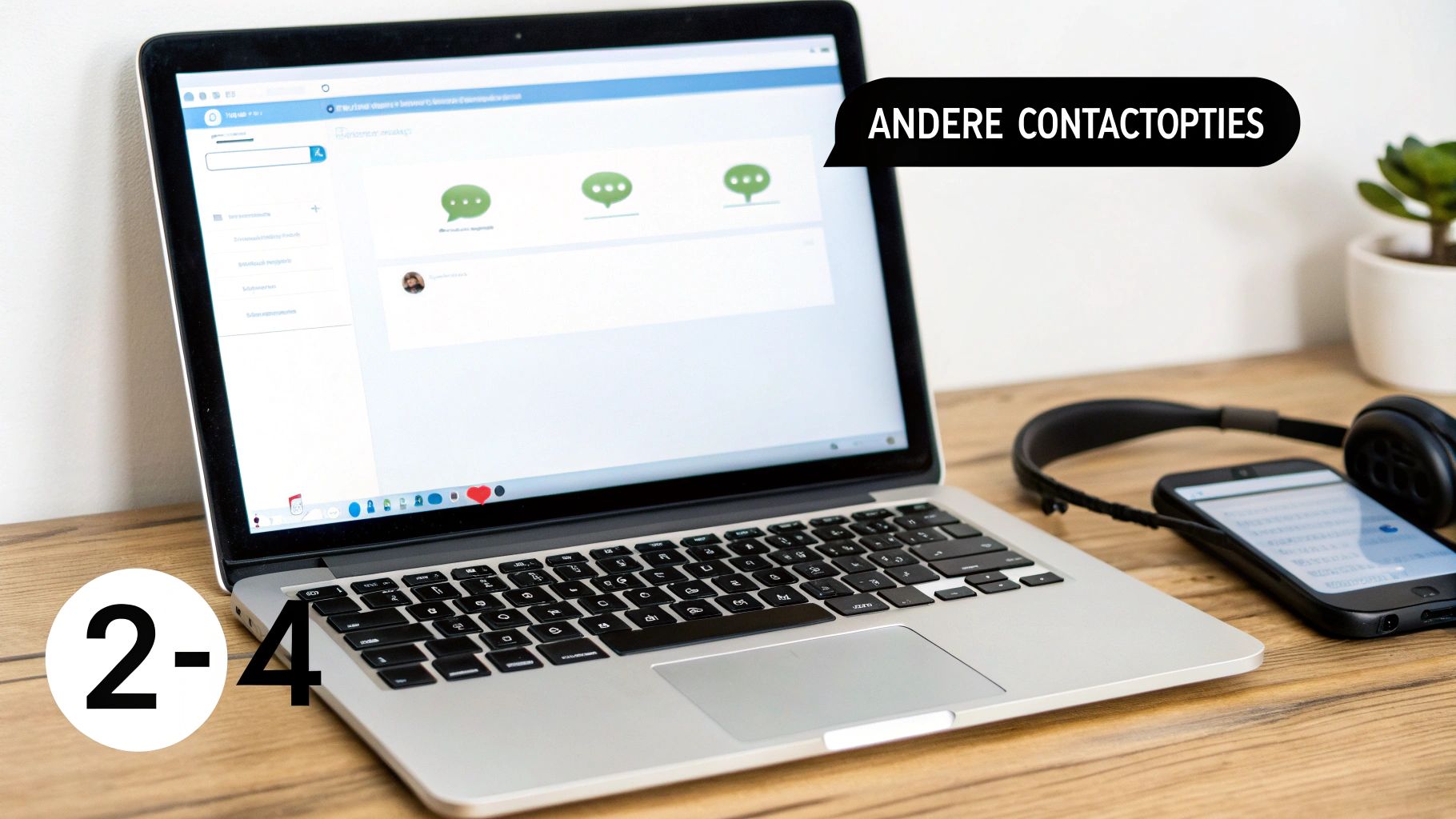 Een laptop met klantenservice chatinterface op een houten bureau, naast een smartphone en koptelefoon.