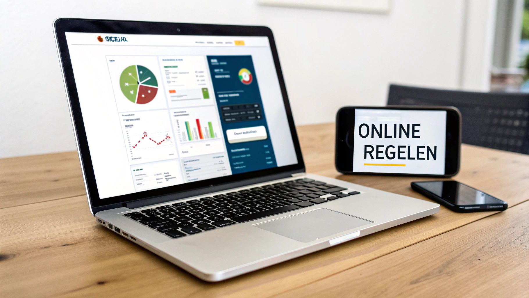 Laptop met energiedashboard en telefoon met tekst 'online regelen' op houten bureau