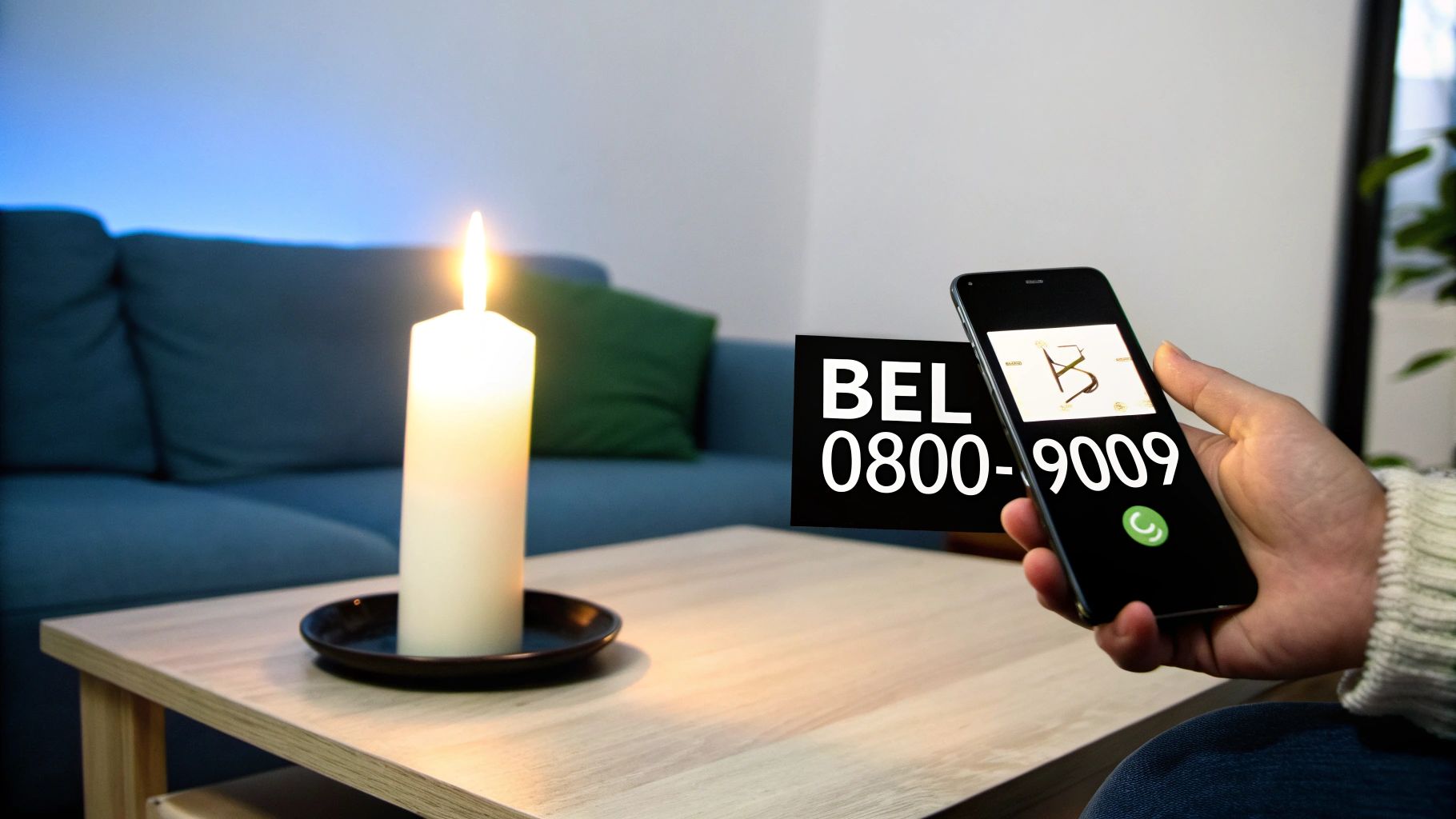 Een hand houdt een smartphone vast om een klantenservicenummer te bellen, terwijl een kaars licht geeft.