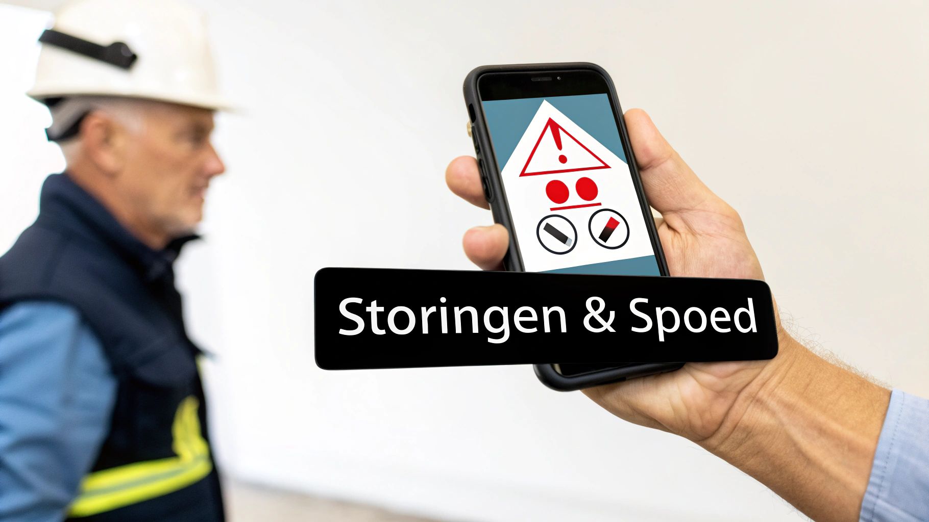 Hand houdt smartphone vast met waarschuwing 'Storingen & Spoed', werknemer op achtergrond.