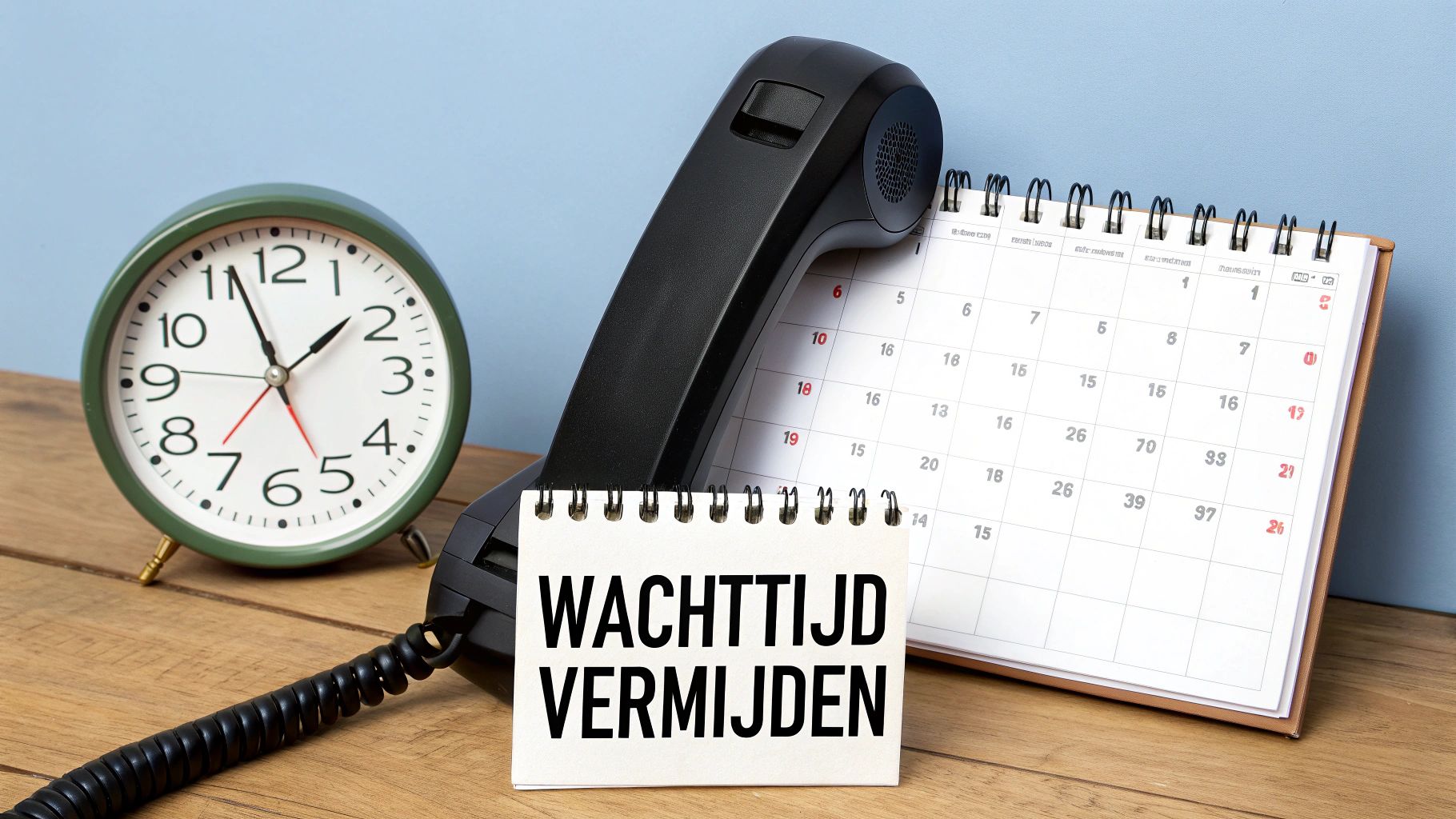Telefoon, klok, kalender en notitie "Wachttijd Vermijden" op een houten bureau. Symbool voor efficiëntie.