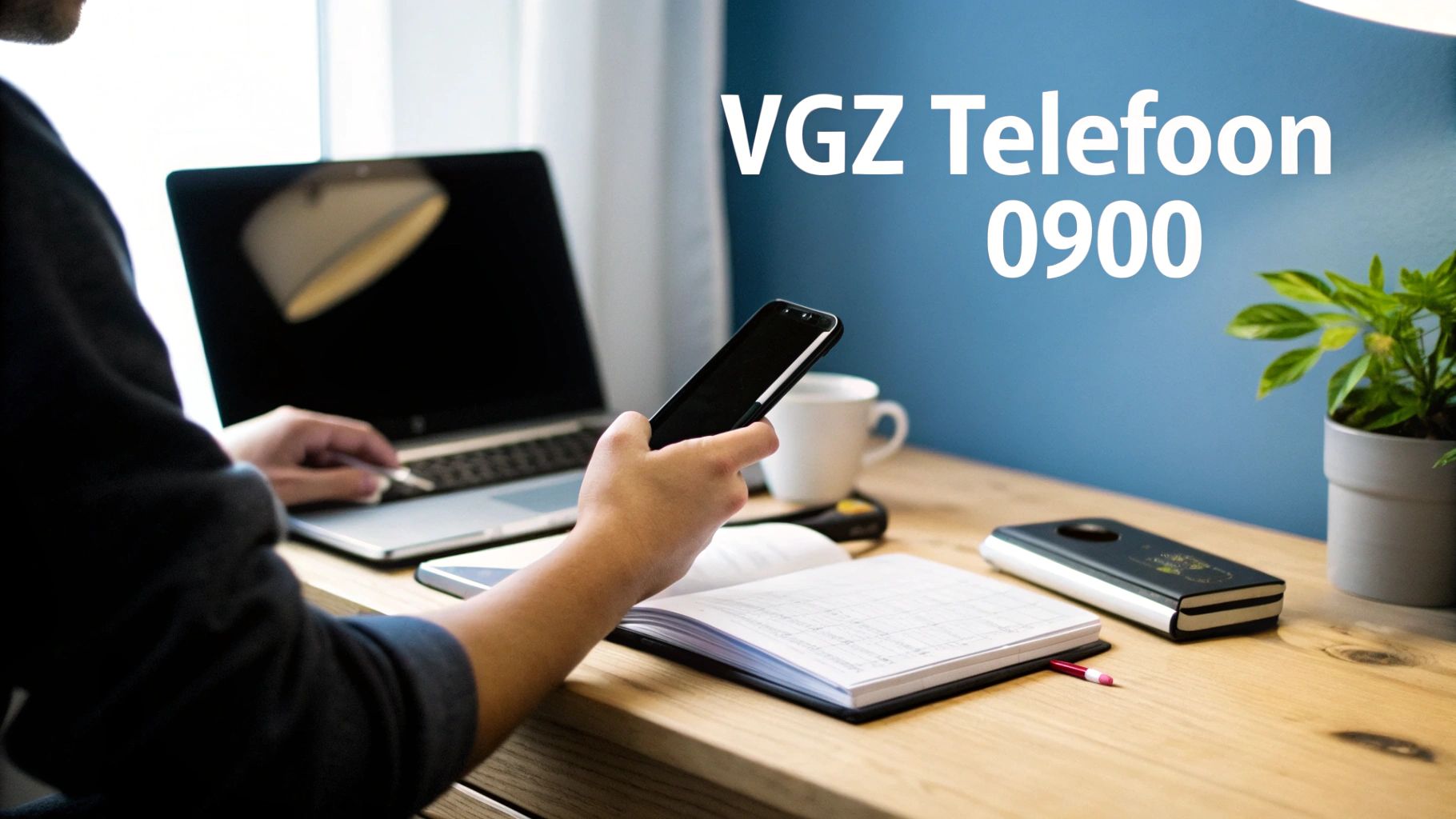 Persoon aan een bureau met laptop en telefoon, zoekt waarschijnlijk VGZ telefoonnummer 0900 op.