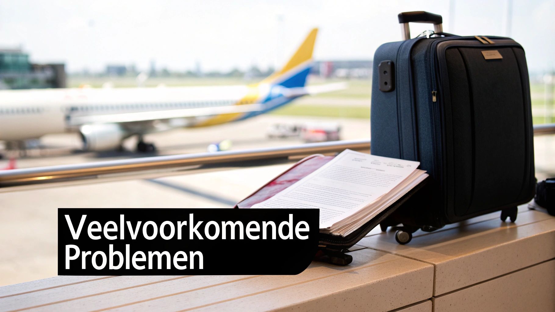 Een reiskoffer en open documenten op een vensterbank in een luchthaven, met een vliegtuig op de achtergrond. Tekst: Veelvoorkomende Problemen.