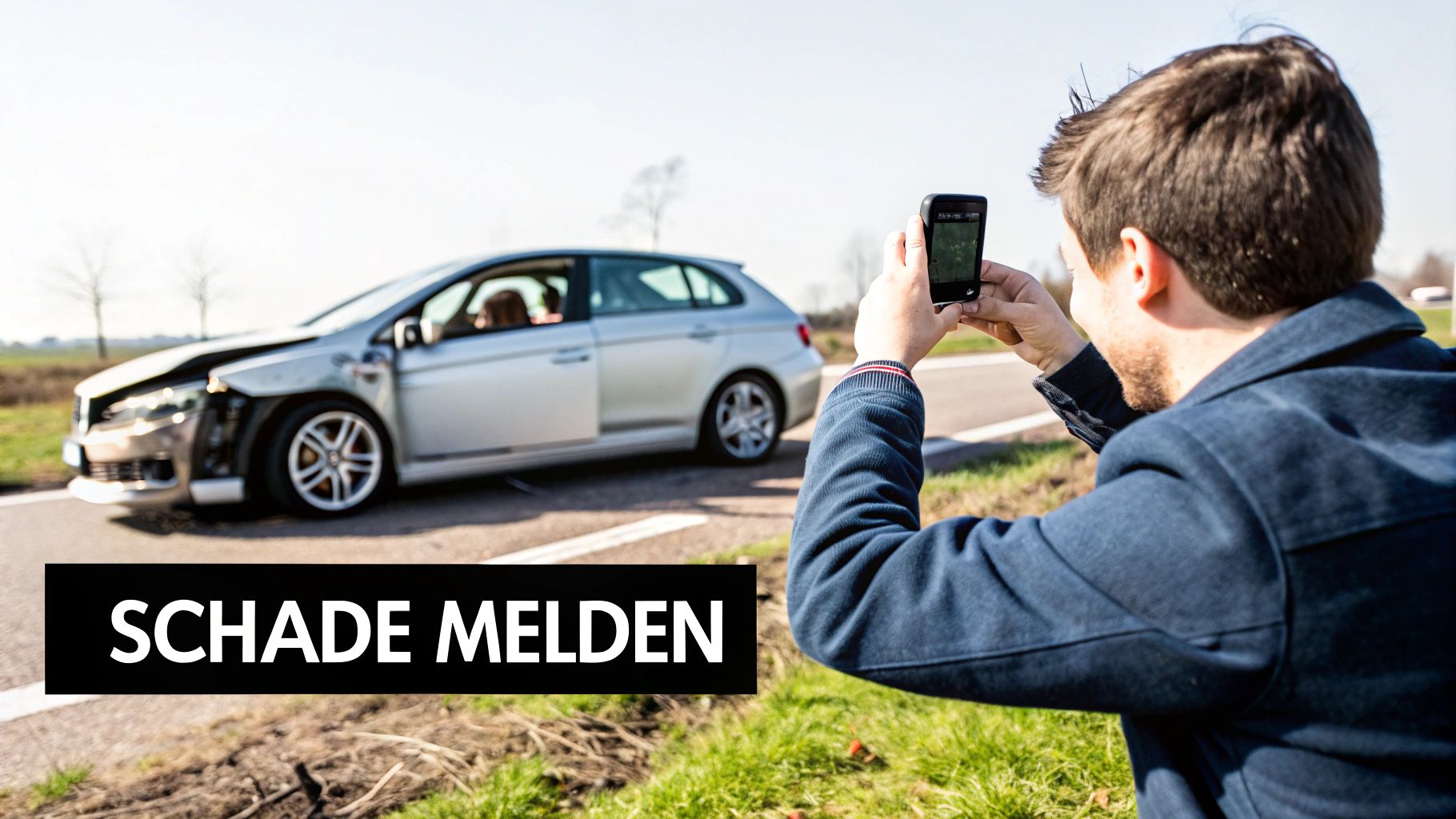 Man fotografeert een beschadigde auto na een ongeval, met de tekst 'Schade Melden' prominent in beeld.