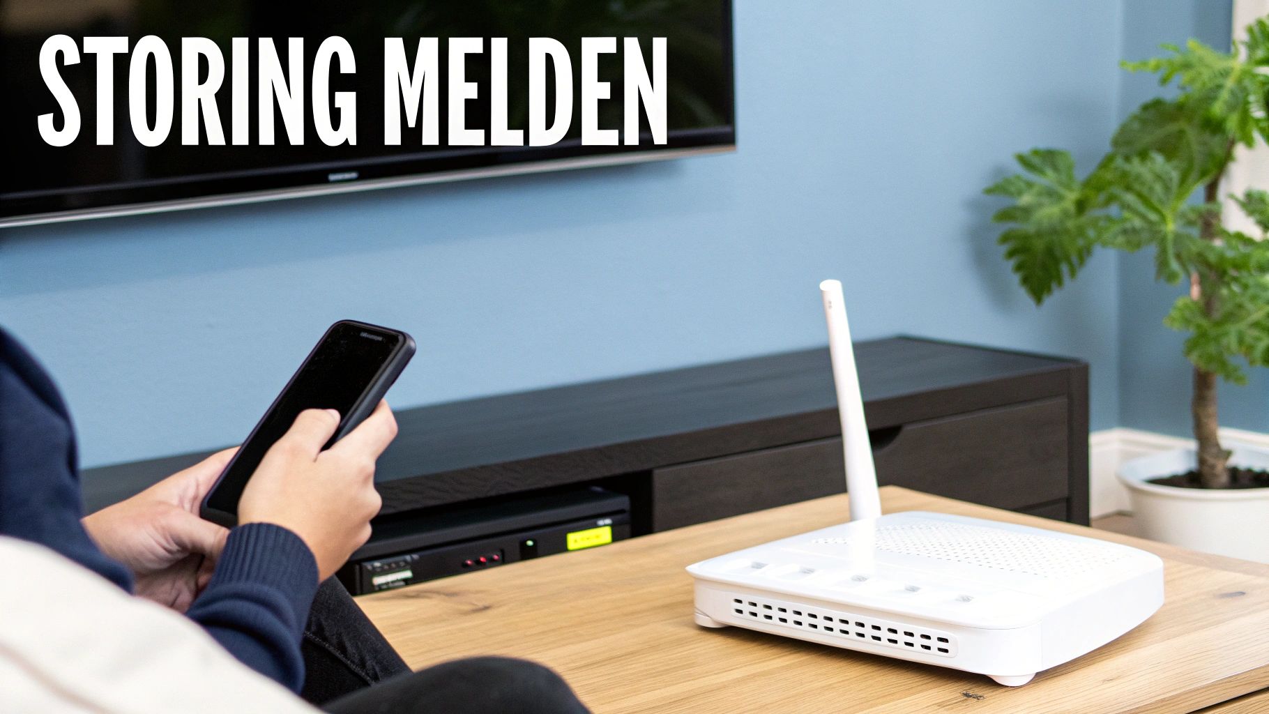 Een persoon houdt een smartphone vast naast een witte wifi-router op een houten tafel, met 'STORING MELDEN' op tv-scherm.