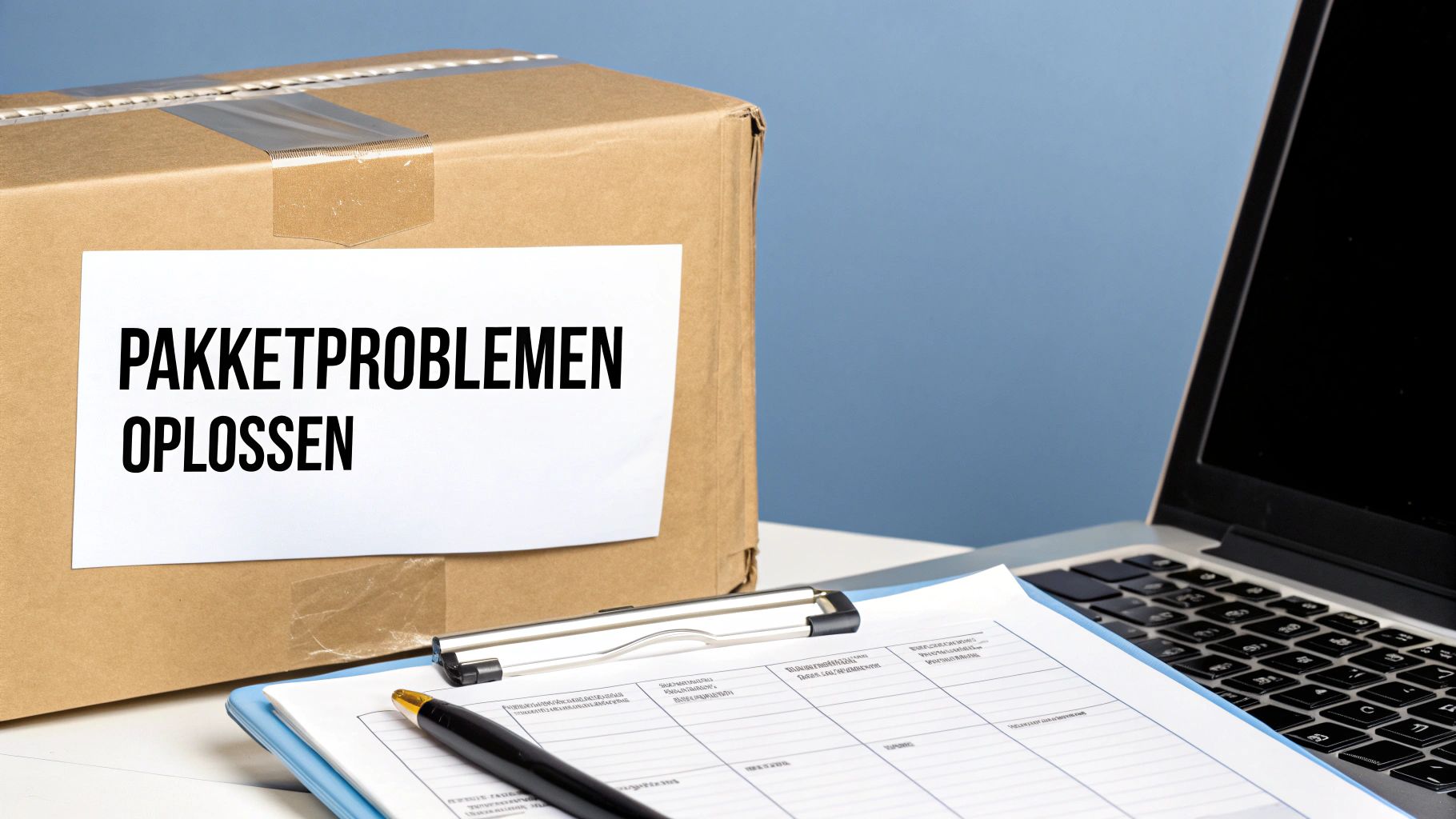 Een kartonnen pakket met 'Pakketproblemen oplossen' label, naast laptop en klembord, voor klantenservice hulp.