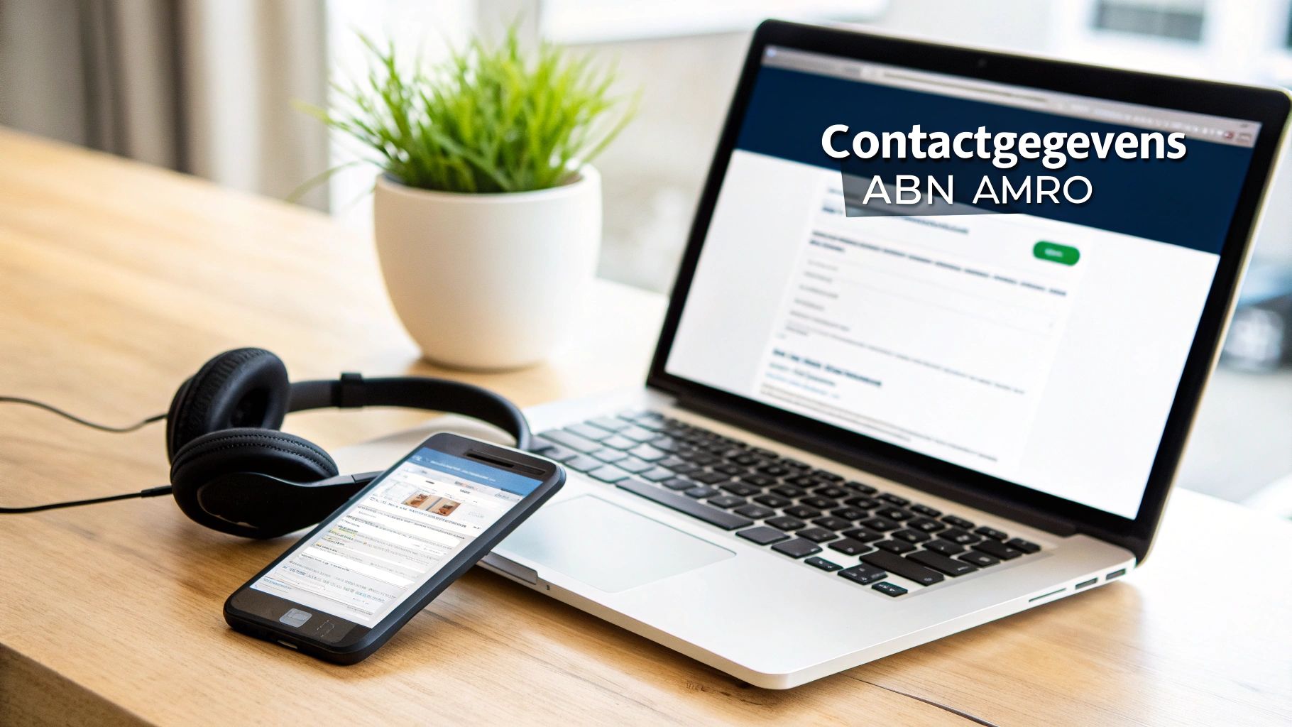 Een laptop toont de contactgegevens van ABN AMRO, samen met een smartphone en koptelefoon op een houten bureau.