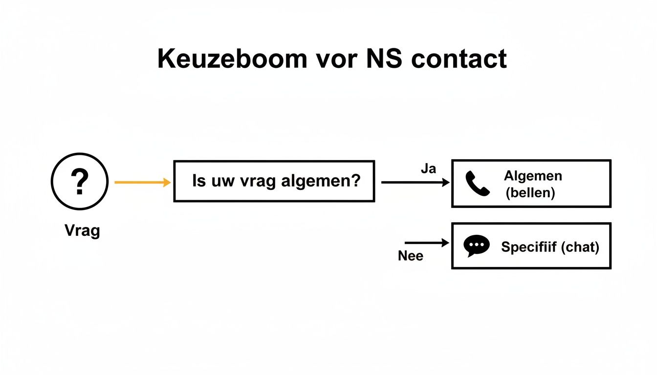 Een stroomschema voor NS contact: kies tussen bellen voor algemene vragen of chatten voor specifieke vragen.