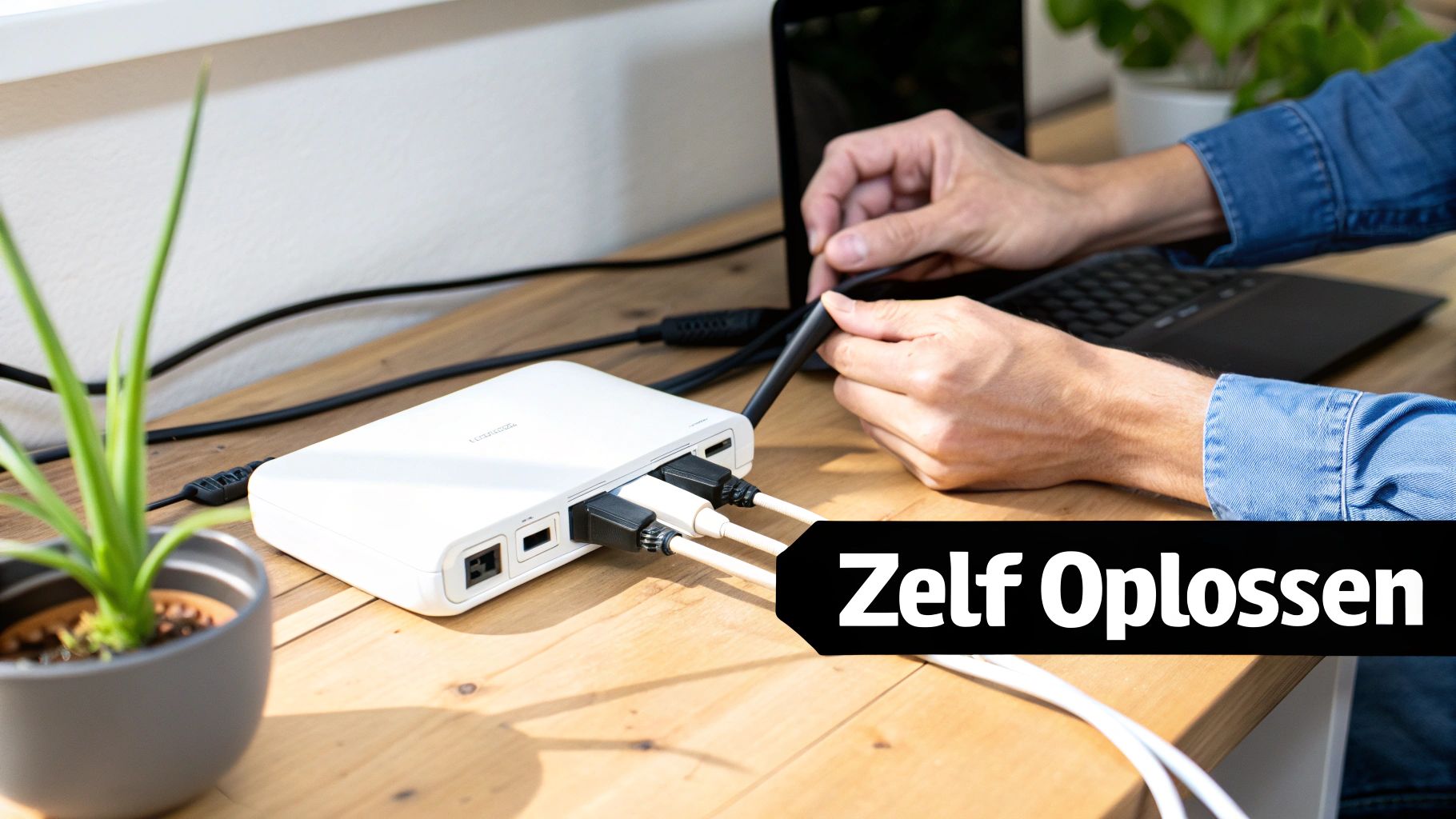 Persoon sluit kabels aan op een wit dockingstation op een houten bureau met laptop.