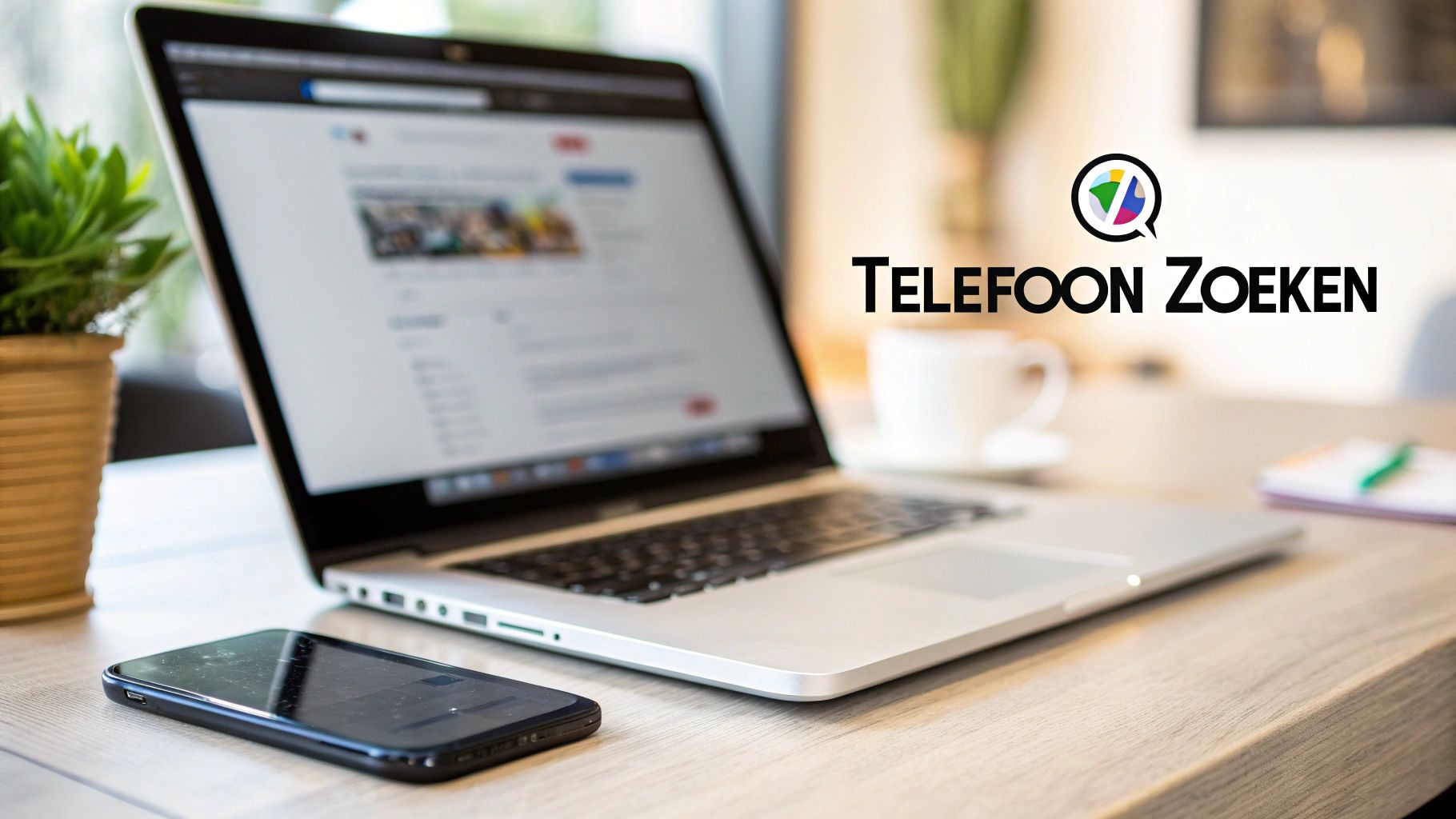 Een moderne werkplek met een laptop, smartphone, plant en koffie op een houten bureau, met een logo van 'Telefoon Zoeken'.