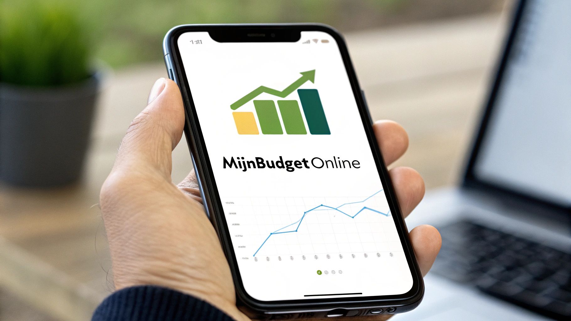 Een hand houdt een smartphone vast met de 'MijnBudget Online' app, inclusief een budgetgroeigrafiek en lijnoverzicht.