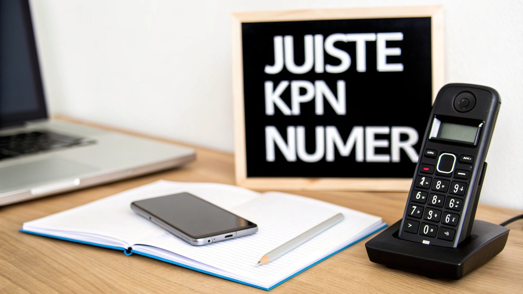 Werkplek met een laptop, open notitieboek, smartphone, potlood en een draadloze telefoon met KPN logo.