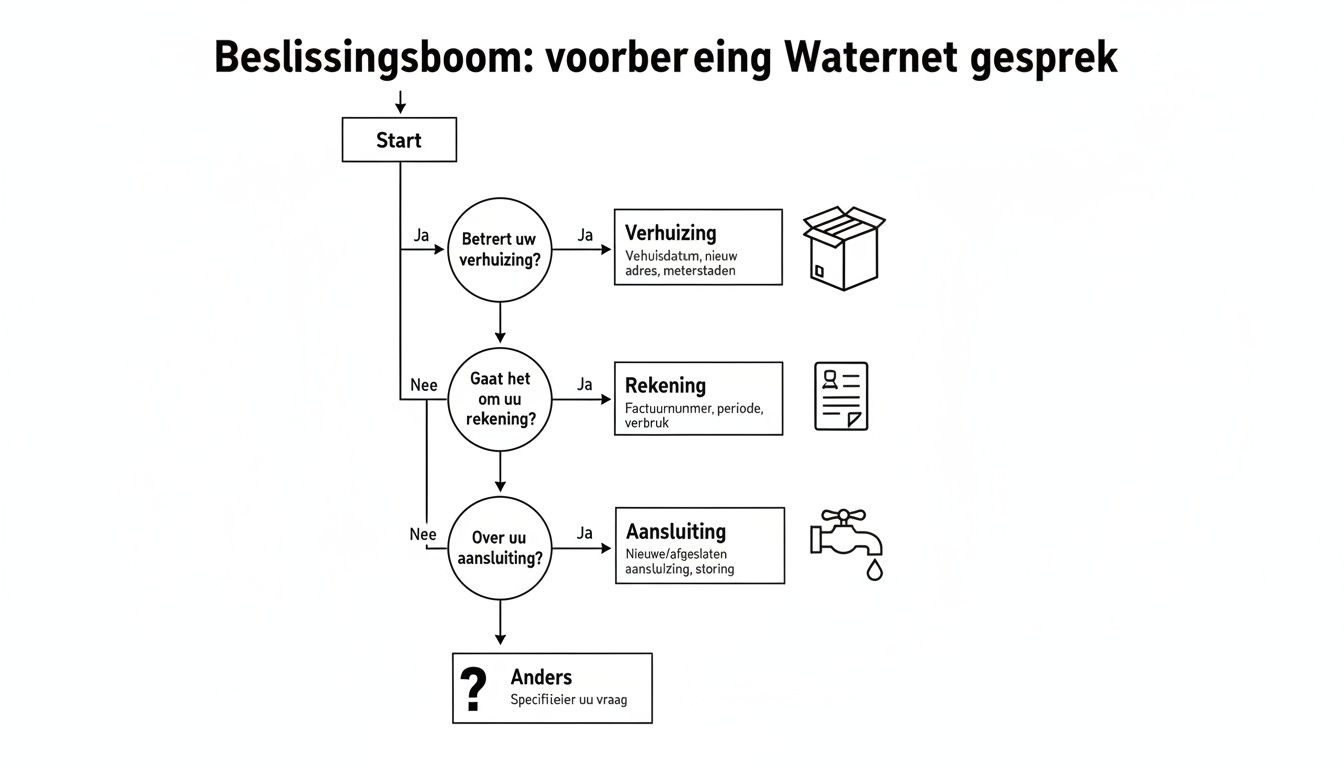 Beslissingsboom voor het voorbereiden van een Waternet gesprek over verhuizingen, rekeningen of aansluitingen.