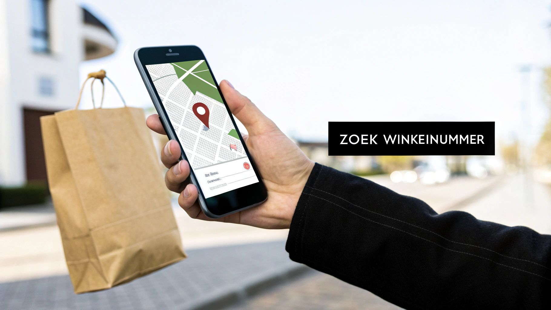 Een hand houdt een smartphone vast met een kaartapp en locatiepin. Een bruine boodschappentas hangt aan de andere arm. Tekst: 'ZOEK WINKEINUMMER'.