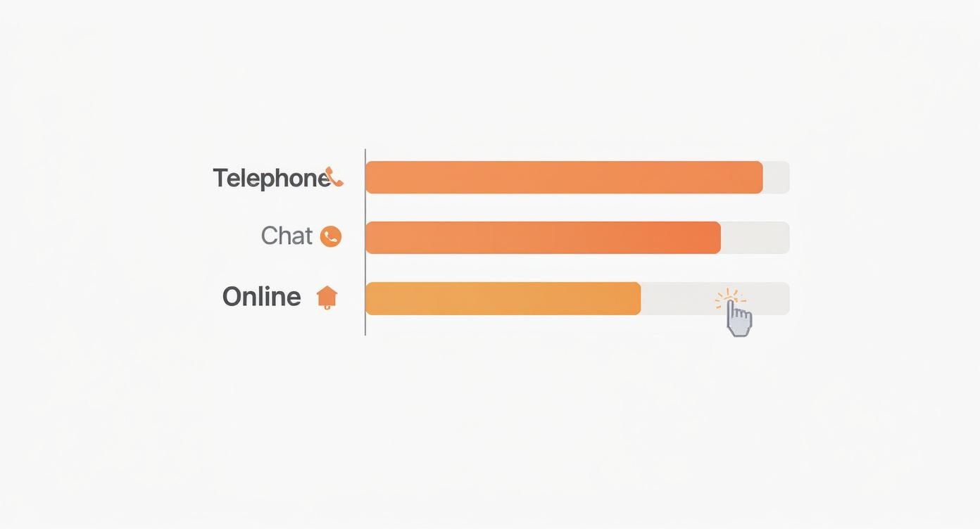 Vergelijkingsgrafiek van klantenservice contactopties: telefoon, chat en online ondersteuning met klikbare interface