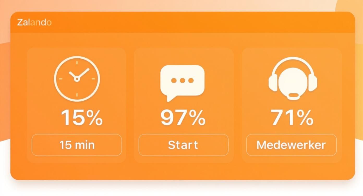 Zalando klantenservice dashboard met klok (15%), chat (97%) en medewerker (71%) statistieken in oranje tinten.