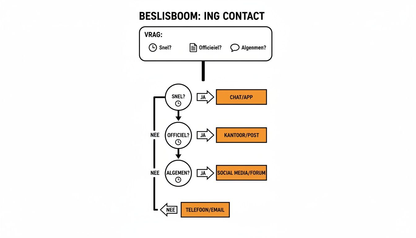Beslisboom voor ING contact: Kies de juiste contactmethode op basis van snel, officieel of algemeen.