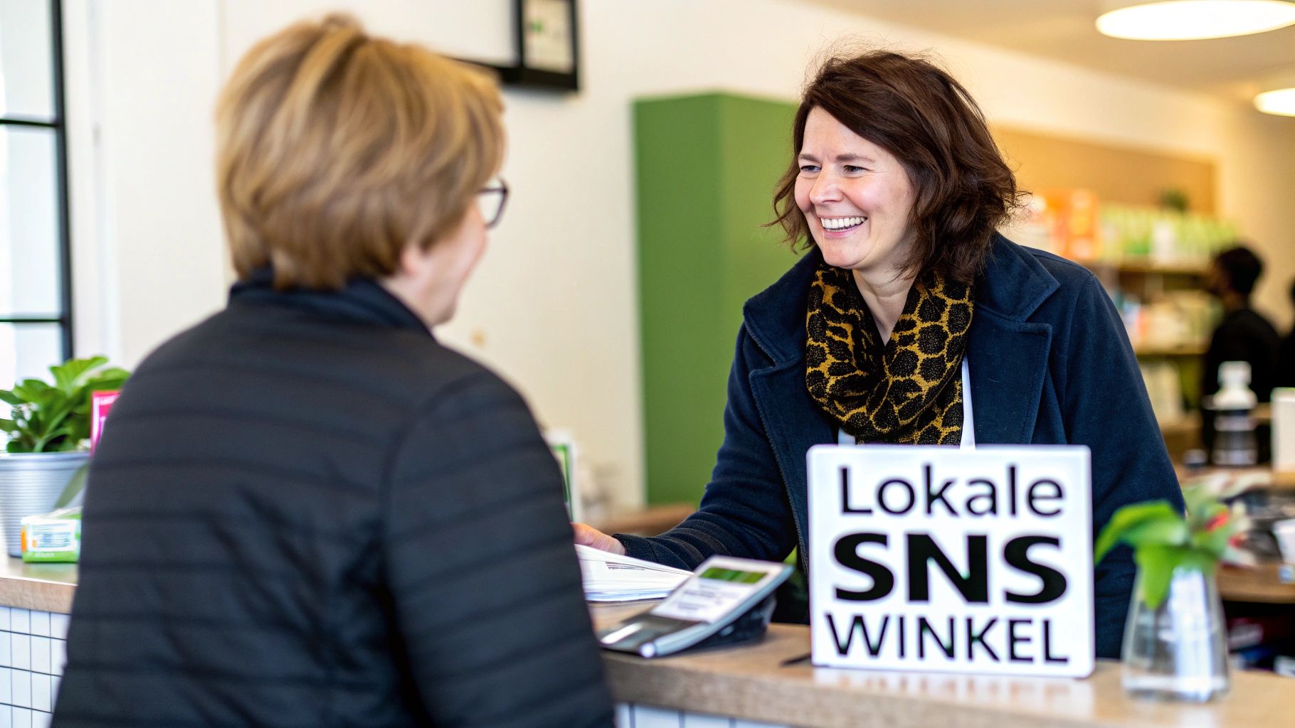 Een blije vrouw in een SNS Winkel helpt een klant aan de balie met een glimlach.