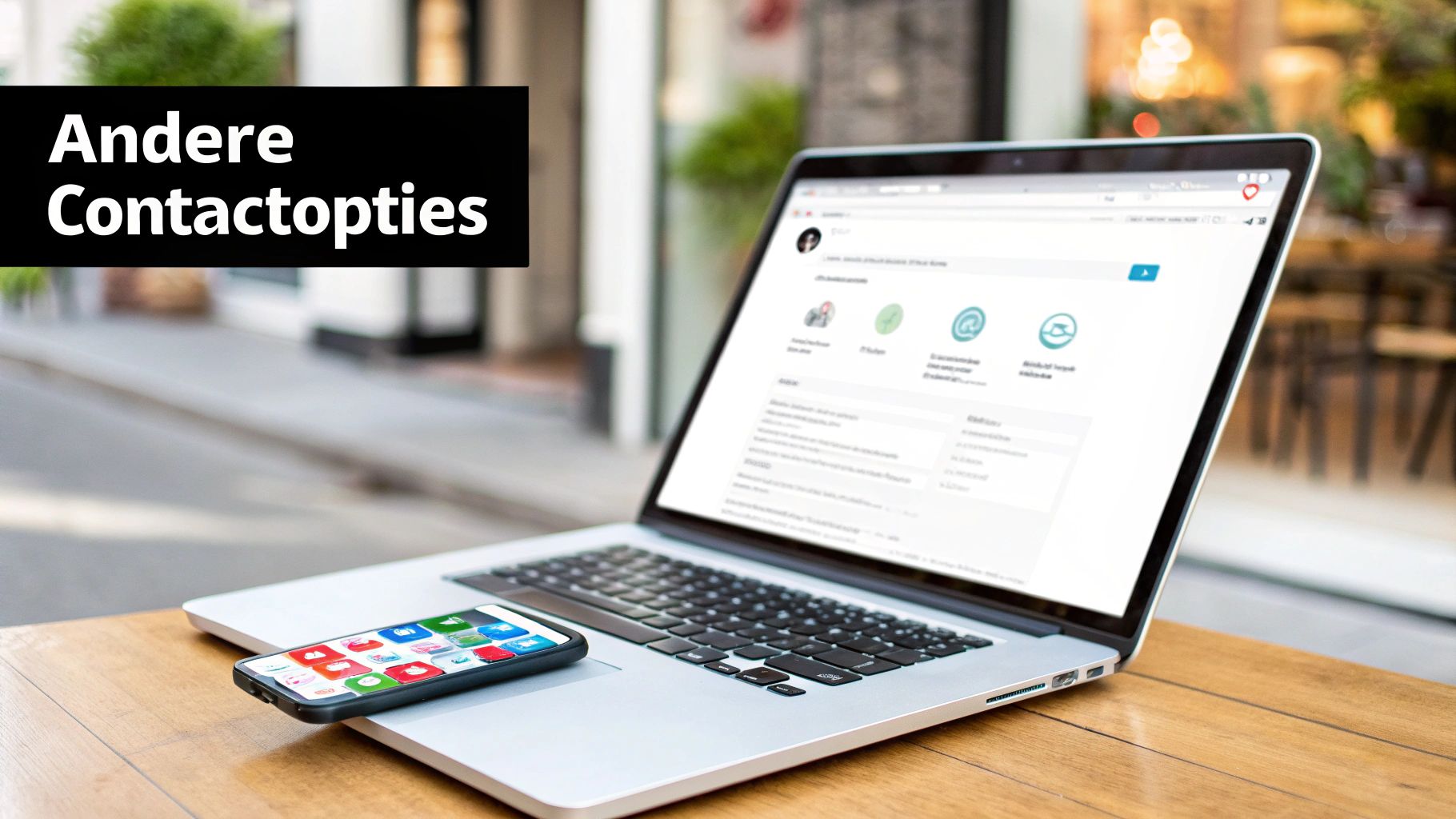 Verschillende contacticonen zoals een telefoon, e-mail en sociale media.