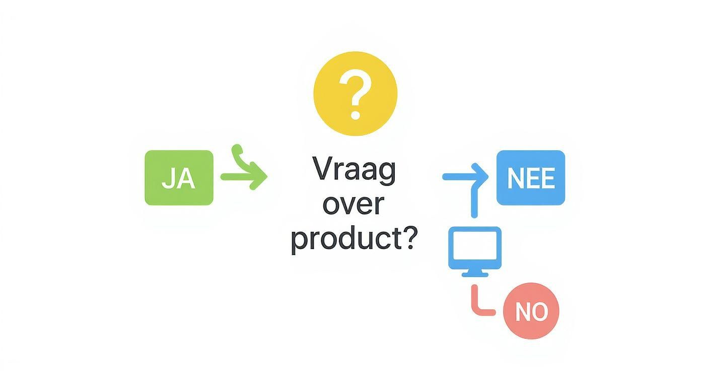 Stroomdiagram met vraag over product, JA leidt naar verschillende contactopties, NEE en NO knoppen zichtbaar