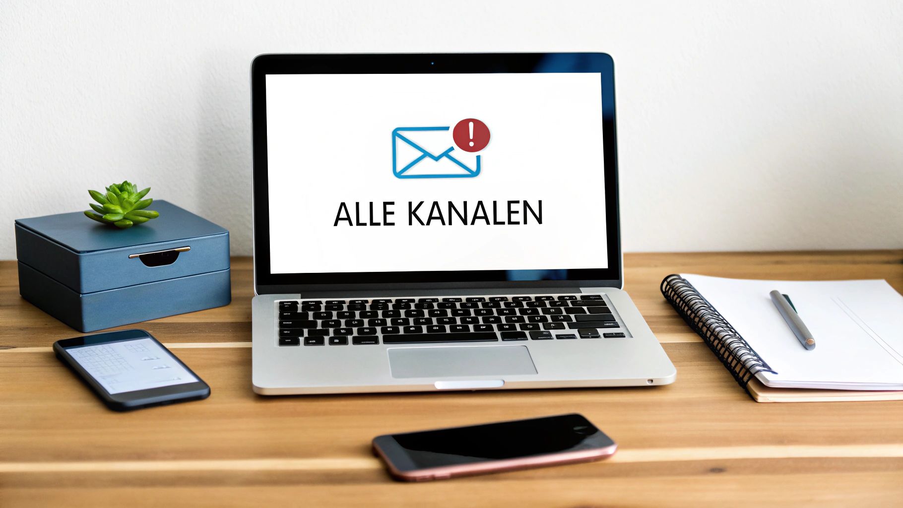 Laptop op houten bureau met e-mailicoon en 'ALLE KANALEN'. Telefoons en notitieblokken liggen eromheen.