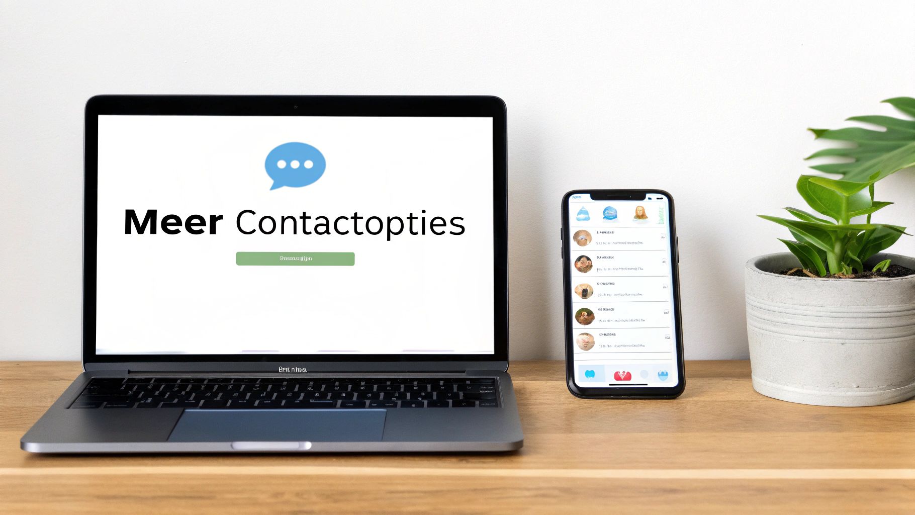 Laptop en smartphone op een houten bureau, met contactopties en een chat icoon op de schermen.