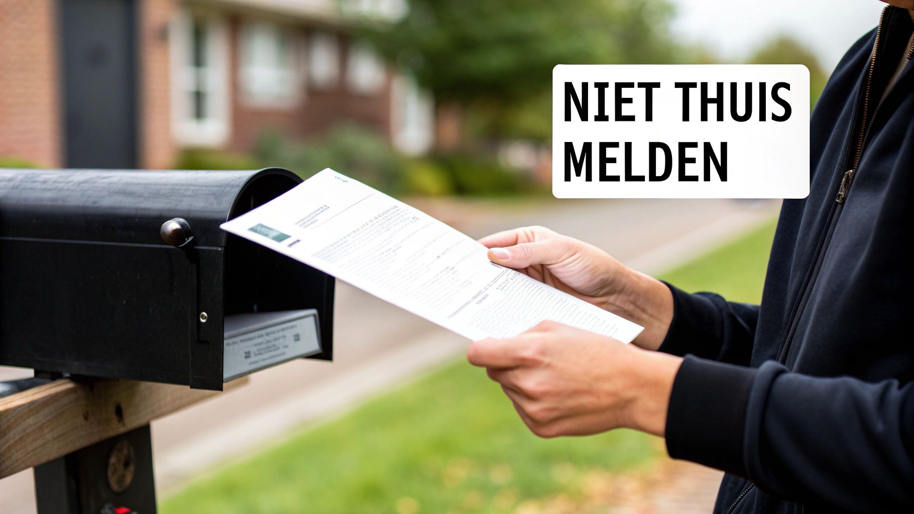 Een persoon haalt een brief uit een zwarte brievenbus, met de tekst 'NIET THUIS MELDEN' over de afbeelding.