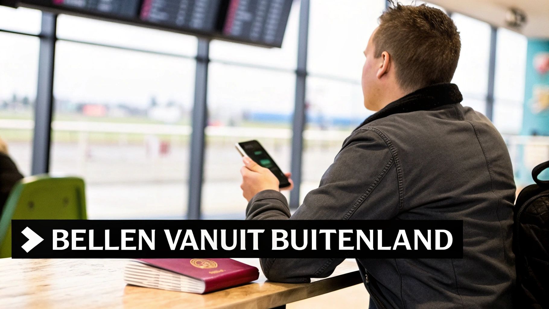 Een persoon gebruikt een smartphone om te bellen, met een wereldbol op de achtergrond.