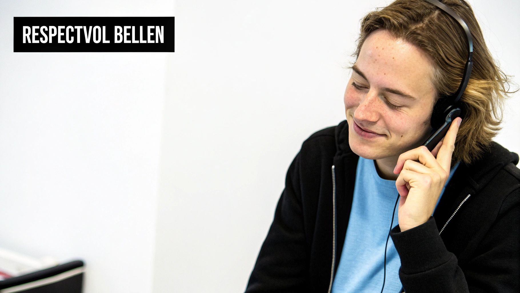 Een lachende jongere met een headset raakt de microfoon aan, met de tekst 'RESPECTVOL BELLEN'.