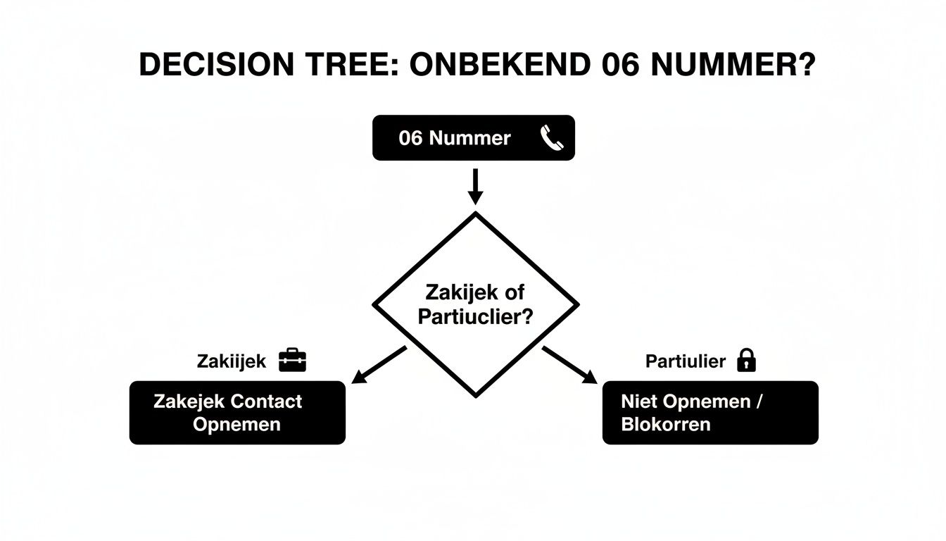 Beslisboom voor het omgaan met onbekende 06-nummers, met opties voor zakelijk of particulier contact.