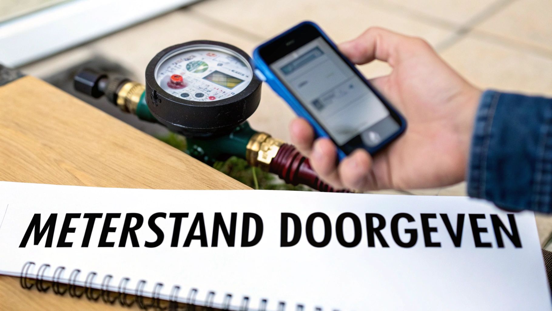Een hand toont een smartphone naast een een watermeter en een notitieboek met de tekst 'METERSTAND DOORGEVEN'.