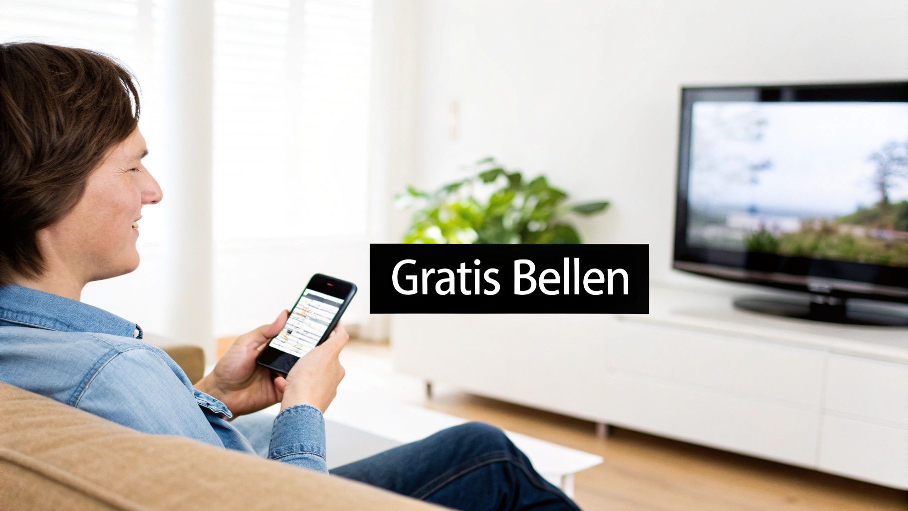 Een persoon op de bank kijkt naar een smartphone, met een banner 'Gratis Bellen' op de voorgrond en een televisie.