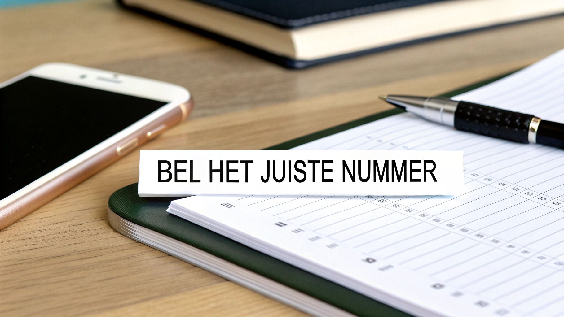 Een bureau met een smartphone, pen en notitieblok. Een kaartje zegt 'BEL HET JUISTE NUMMER'.