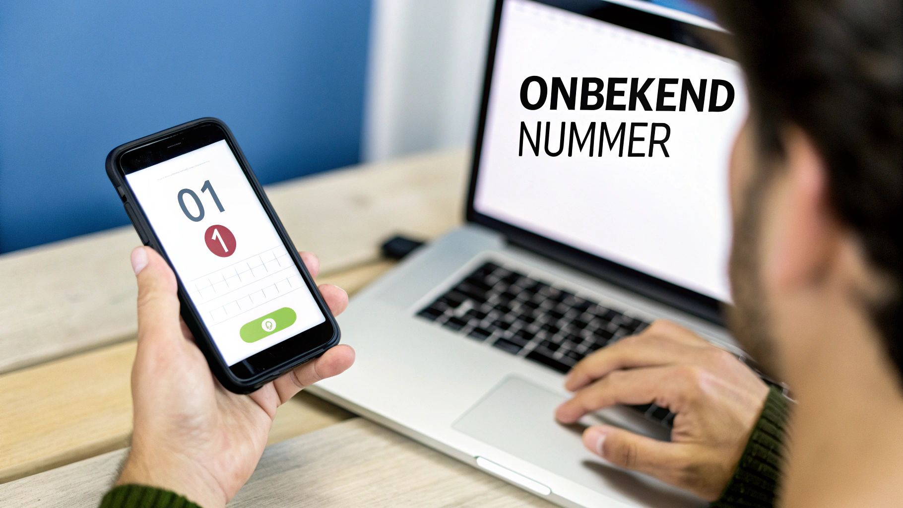 Een persoon die nieuwsgierig op een smartphone kijkt.