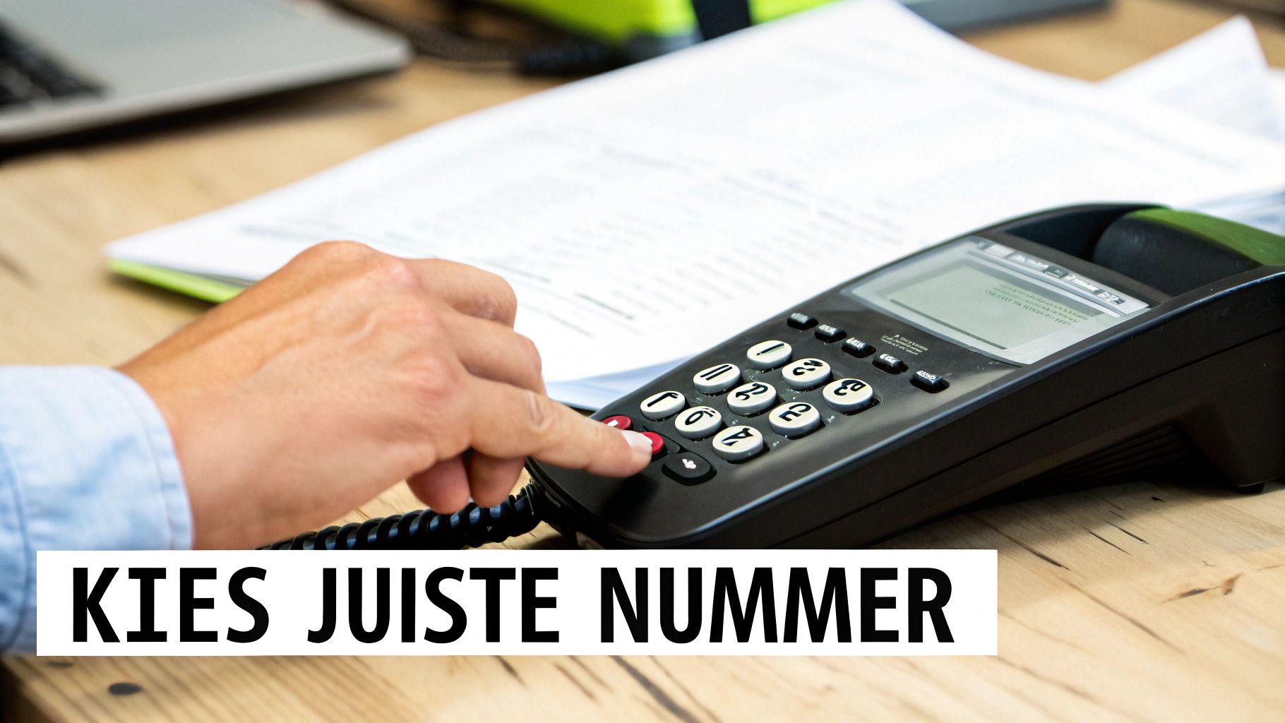 Hand drukt op rode knop van zakelijke telefoon om juiste nummer te kiezen