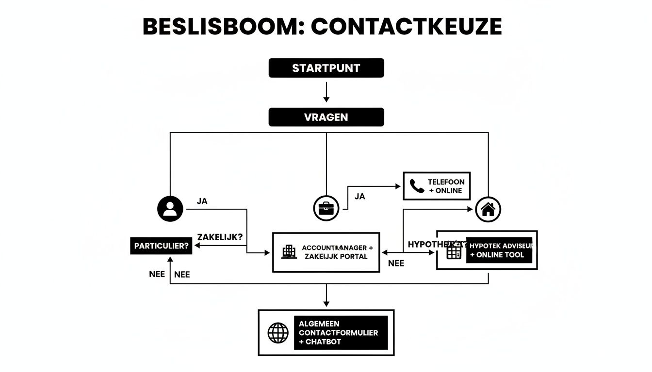 Beslisboom voor klantenservice contactkeuze, met opties voor particulier, zakelijk, hypotheek of algemene vragen.